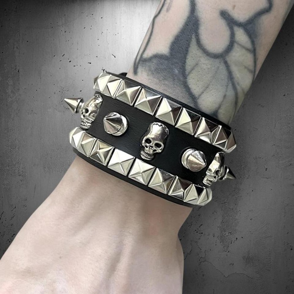 Skull Studded Spiked PU Leather Cuff Bracelet